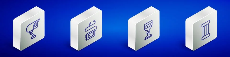Set Isometric line Security camera, Museum audio guide, Medieval goblet and.. Stock Illustration