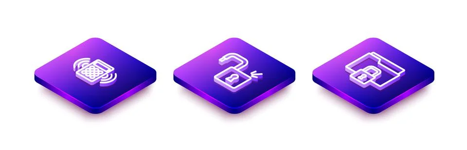 Set Isometric line Security keypad access panel, Open padlock and Folder and Illustrazione stock