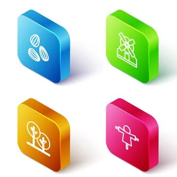 Set Isometric line Seeds, Windmill, Tree and Scarecrow icon. Vector Stock Illustration
