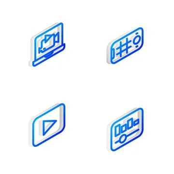 Set Isometric line Selfie on mobile, Online play video, Play button and Music Stock Illustration