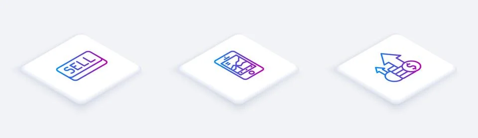 Set Isometric line Sell button, Mobile stock trading and Financial growth and Stock Illustration