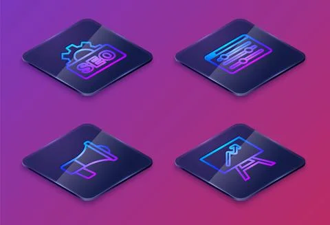 Set Isometric line SEO optimization, Megaphone, Browser setting and Board with Stock Illustration
