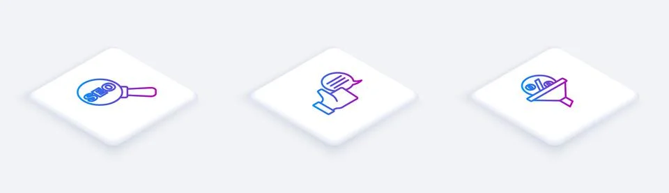 Set Isometric line SEO optimization, Customer product rating and Lead management Illustrazione stock
