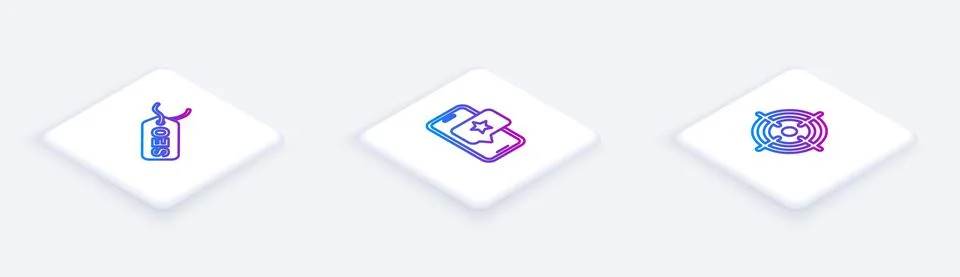Set Isometric line SEO optimization, Mobile with review rating and Target. White 스톡 일러스트