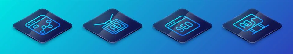 Set Isometric line SEO optimization, Market analysis, Advertising and  icon.  Stock Illustration