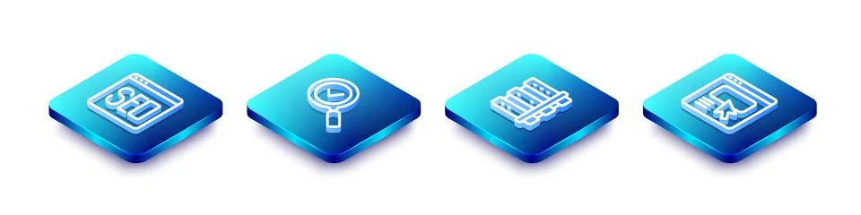 Set Isometric line SEO optimization, Magnifying glass with check mark, Server Stock Illustration