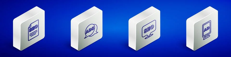 Set Isometric line SEO optimization, Advertising, and icon. Vector Illustrazione stock