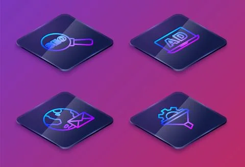 Set Isometric line SEO optimization, Earth globe with mail, Advertising and.. Stock Illustration