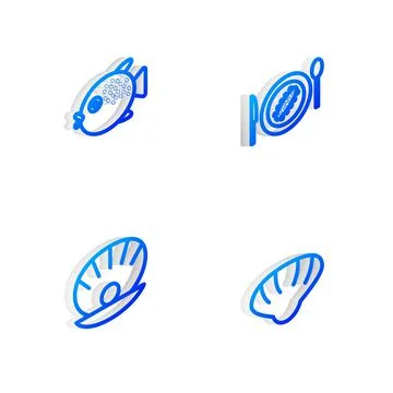 Set Isometric line Served cucumber on a plate, Puffer fish, Shell with pearl and 스톡 일러스트
