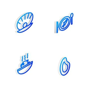 Set Isometric line Served fish on a plate, Shell with pearl, Puffer soup an.. Stock Illustration