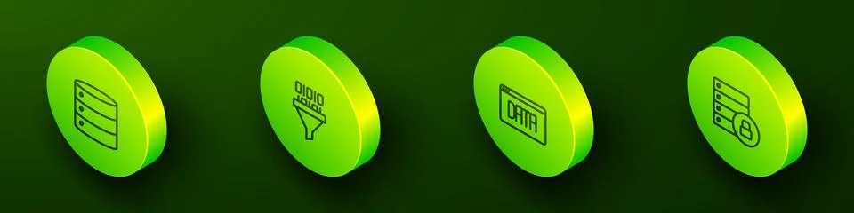 Set Isometric line Server, Binary code, Data analysis and security with padlock Stock Illustration