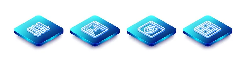 Set Isometric line Server, Browser window, with shield and files icon. Vector Stock Illustration
