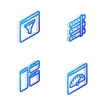 Set Isometric line Server, Browser window,  and Digital speed meter icon. V.. Stock Illustration