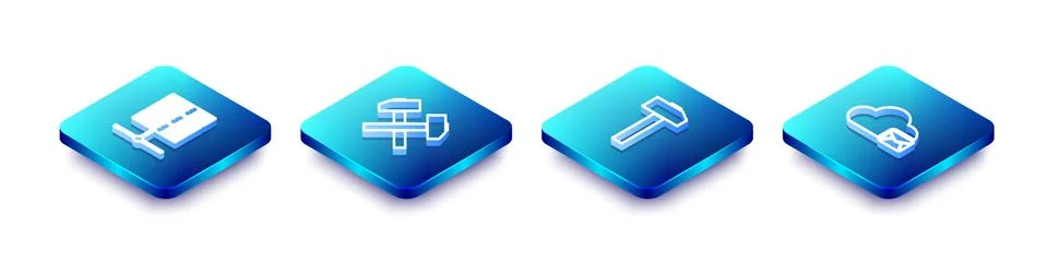 Set Isometric line Server, Data, Web Hosting, Two crossed hammers, Hammer and Stock Illustration
