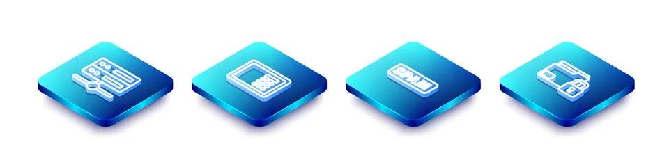Set Isometric line Server, Data, Web Hosting, Safe, Spam and Folder and lock Stock Illustration