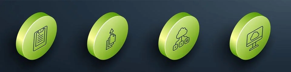 Set Isometric line Server, Data report, export, Cloud technology data transfer Illustrazione stock