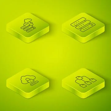 Set Isometric line Server, Data, Web Hosting, Cloud computing lock, Folder tree Stock Illustration