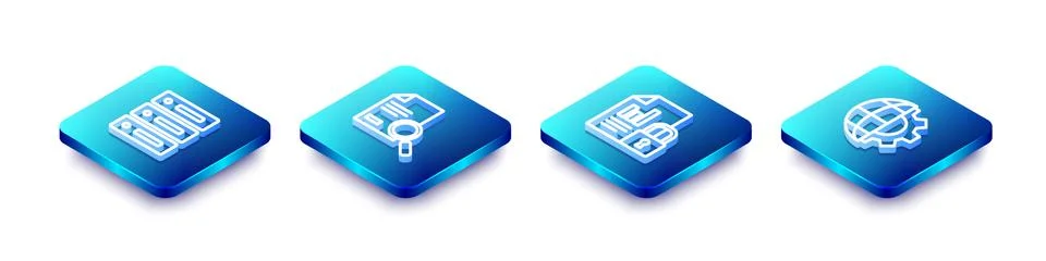 Set Isometric line Server, Data, Web Hosting, Document with search, and lock and 스톡 일러스트