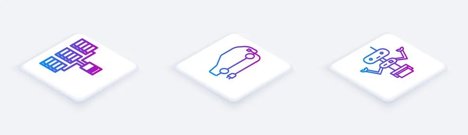 Set Isometric line Server, Data, Web Hosting, Electric car and Robot. White Stock Illustration