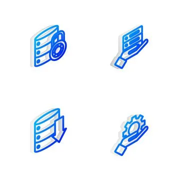 Set Isometric line Server, Data, Web Hosting, security with lock, and Hand Stock Illustration