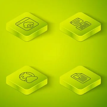 Set Isometric line Server, Data, Web Hosting, Social network, File document and Illustrazione stock