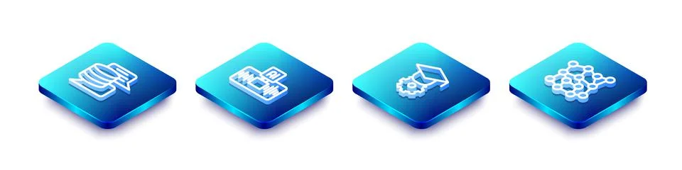 Set Isometric line Server, Data, Artificial intelligence AI, Graduation cap and Stock Illustration