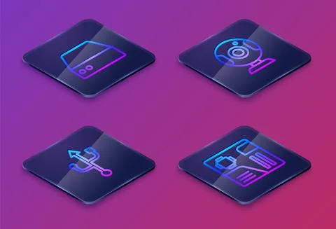 Set Isometric line Server, Data, Web Hosting, USB, camera and Motherboard Stock Illustration