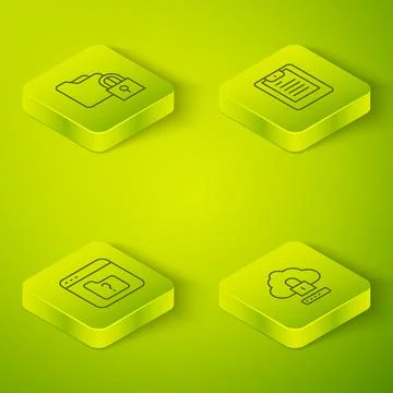 Set Isometric line Server, Data report, File missing, Cloud computing lock and Stock Illustration