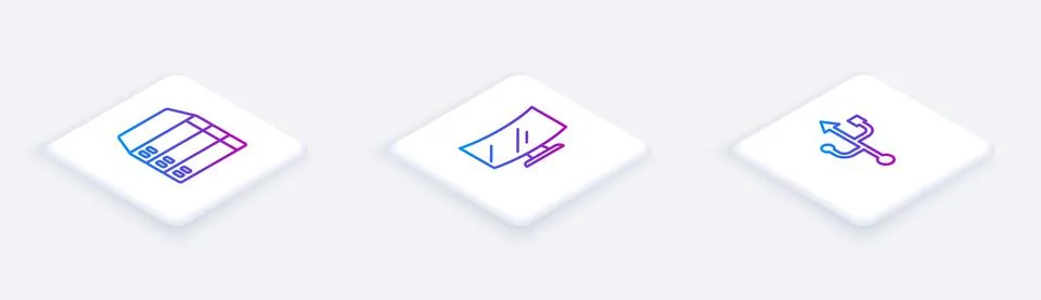 Set Isometric line Server, Data, Web Hosting, Computer monitor screen and USB Stock Illustration