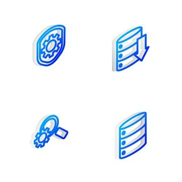 Set Isometric line Server, Data, Web Hosting, Shield with settings gear Illustrazione stock
