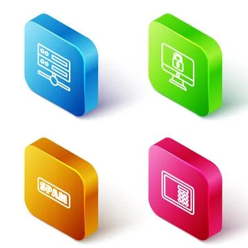 Set Isometric line Server, Data, Web Hosting, Lock on computer monitor, Spam and Stock Illustration