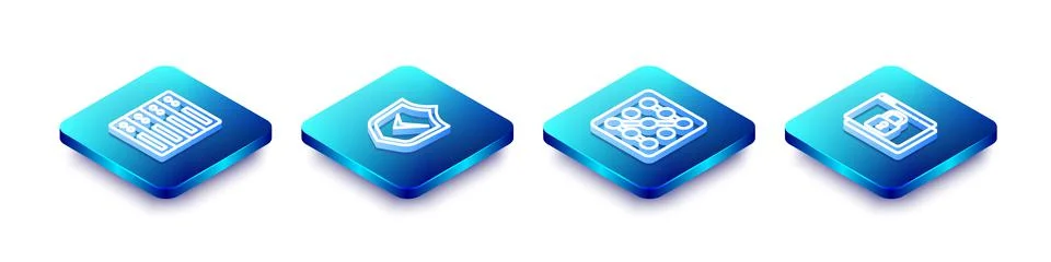 Set Isometric line Server, Data, Web Hosting, Shield with check mark, Graphic Stock Illustration