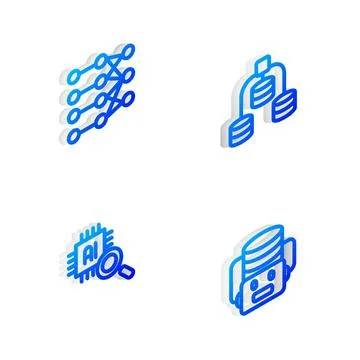 Set Isometric line Server, Data, Neural network, Processor CPU and Artificial Stock Illustration