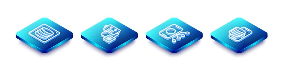Set Isometric line Server, Data, Artificial intelligence robot, Neural network Stock Illustration
