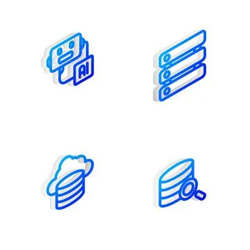 Set Isometric line Server, Data, Artificial intelligence robot, Cloud databas Stock Illustration