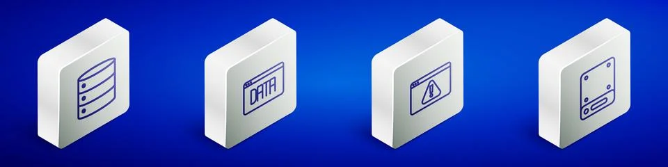 Set Isometric line Server, Data analysis, Browser with exclamation mark and icon 스톡 일러스트