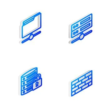 Set Isometric line Server, Data, Web Hosting, FTP folder, security with lock and 스톡 일러스트