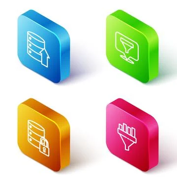 Set Isometric line Server, Data, Web Hosting, Location with sales funnel, sec Stock Illustration