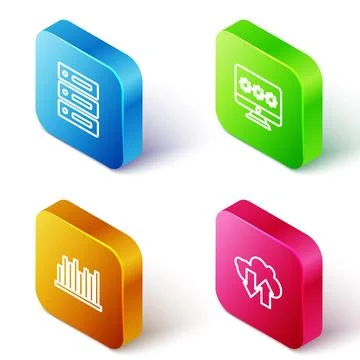Set Isometric line Server, Data, Web Hosting, Monitor with password, Pie char Stock Illustration