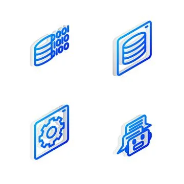 Set Isometric line Server, Data, Binary code, Computer api interface and Ch.. 库存插图