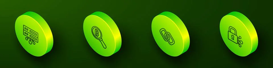 Set Isometric line Server, Magnifying glass with Bitcoin, Chain link and Lock Stock Illustration