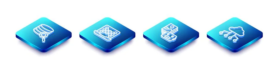 Set Isometric line Server, Neural network, Artificial intelligence robot and  Stock Illustration