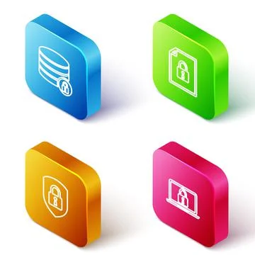 Set Isometric line Server security with lock, Document and, Shield and Laptop Illustrazione stock