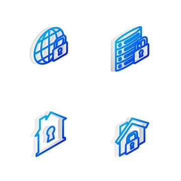 Set Isometric line Server security with lock, Global lockdown, House under Stock Illustration