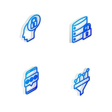 Set Isometric line Server security with lock, Human head, Mobile and password Stock Illustration