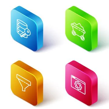 Set Isometric line Server security with key, Coal mine trolley, Sales funnel and Stock Illustration