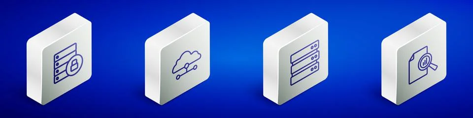 Set Isometric line Server security with padlock, Network cloud connection,  a Stock Illustration