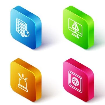 Set Isometric line Server security with key, Monitor exclamation mark, Motion Illustrazione stock