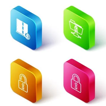 Set Isometric line Server security with lock, FTP folder and, Open padlock an Stock Illustration
