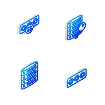 Set Isometric line Server security with key, Password protection, Server, D.. Illustrazione stock